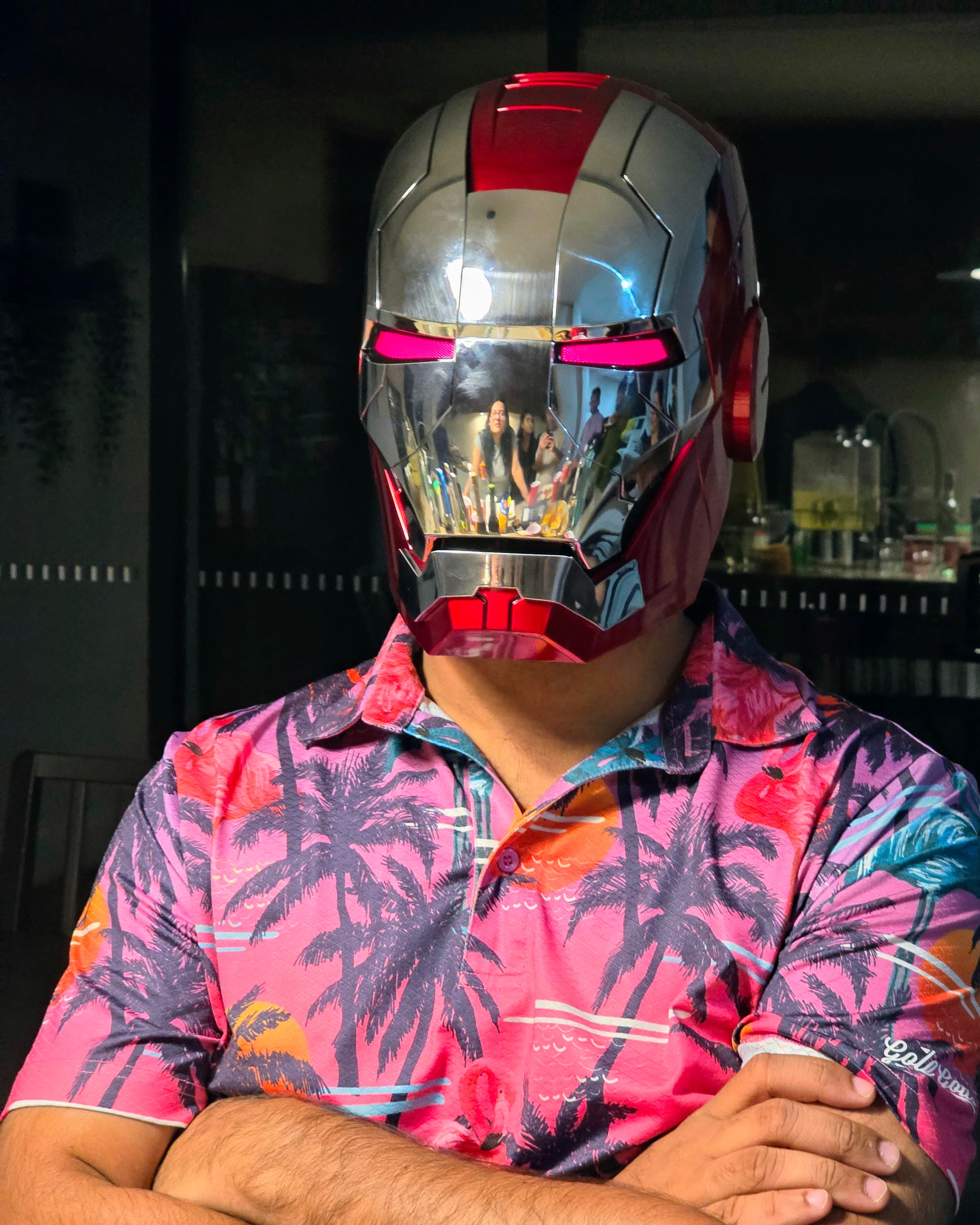 Smit Sanghrajka, Co-Founder, wearing an Iron Man helmet with arms crossed
